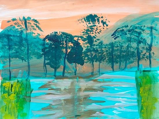 Calm hill water side, painting by Nihal Das