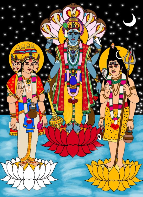 Lord brahma, Vishnu and Shiva, painting by Harshit Pustake