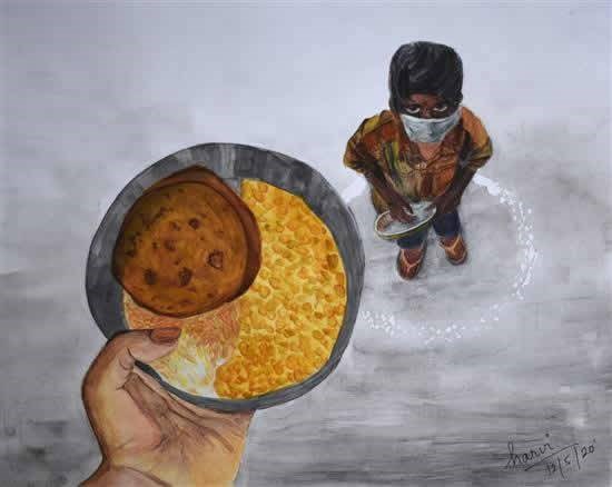 Privileged helping the underprivileged, painting by Harvi Patel