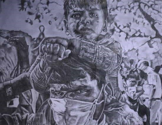 The crisis of Migrant workers in India during COVID-19, painting by Rahul Soren