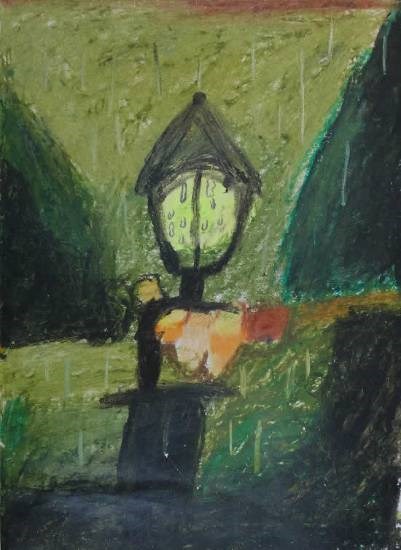 Street lamp on a rainy night, painting by Manideepa Sarkar