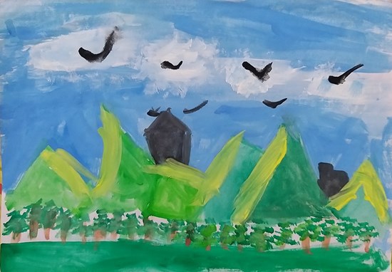 Hills and Temples, painting by Aadhira MV