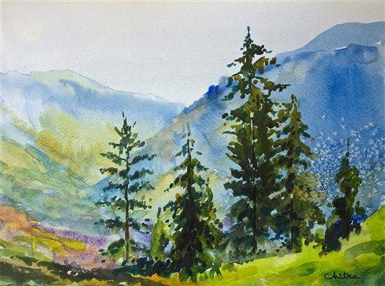 View from Banjara Camp, Sojha, painting by Chitra Vaidya