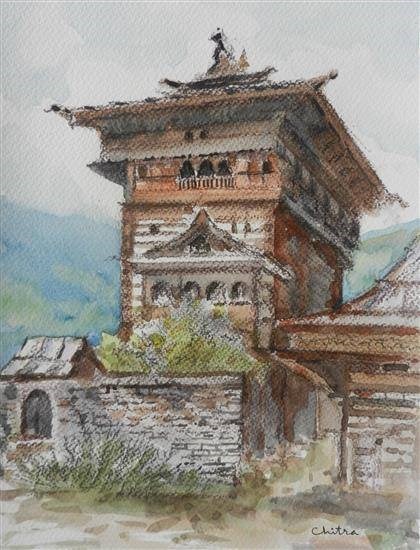 Kamru Fort, Himachal, painting by Chitra Vaidya