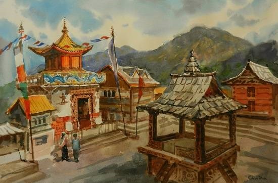 Temple in Himachal, painting by Chitra Vaidya