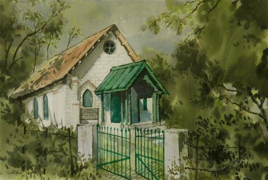 Church in Himachal, painting by Chitra Vaidya