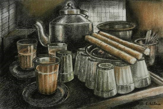 At a Chai shop in Himachal, painting by Chitra Vaidya