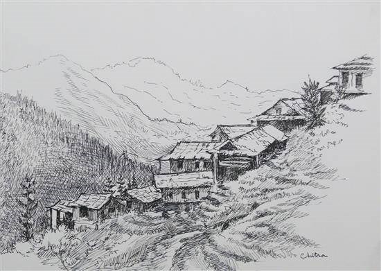 Village on a Mountain Slope, Himachal, painting by Chitra Vaidya