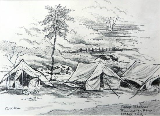 Campsite at River Ramganga Kumaon - 2, painting by Chitra Vaidya