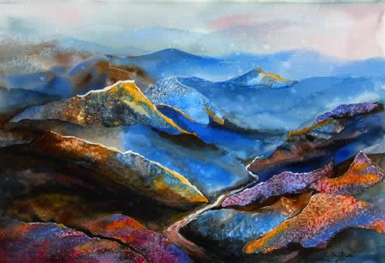 River Ramganga in Kumaon Himalayas, painting by Chitra Vaidya