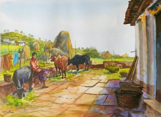 Rural Life in Kumaon - 3, painting by Chitra Vaidya