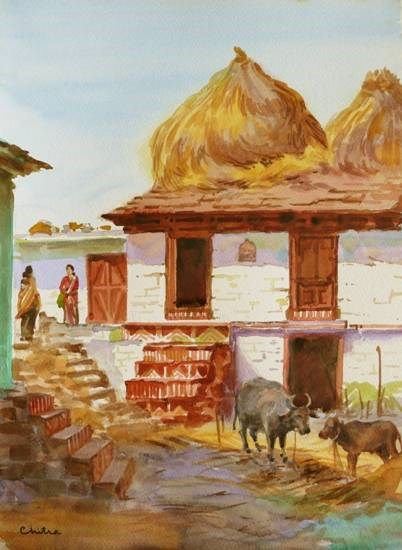 Rural Life in Kumaon - 1, painting by Chitra Vaidya