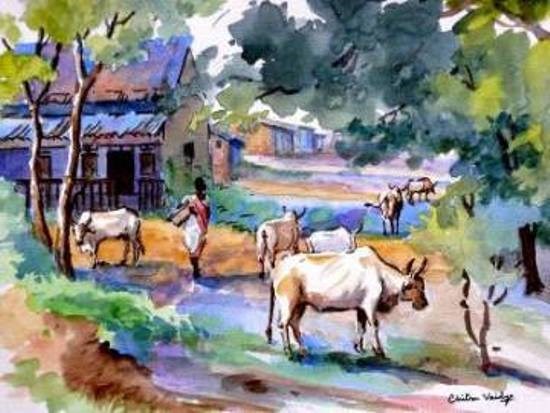 Village III, painting by Chitra Vaidya