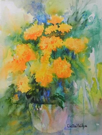 Yellow Flowers in a Pot, painting by Chitra Vaidya