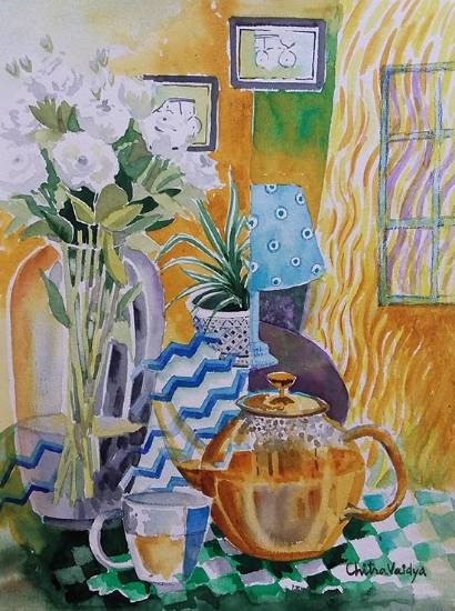 Still life with flower vase - 1, painting by Chitra Vaidya