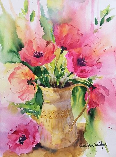 Poppies in a vase, painting by Chitra Vaidya