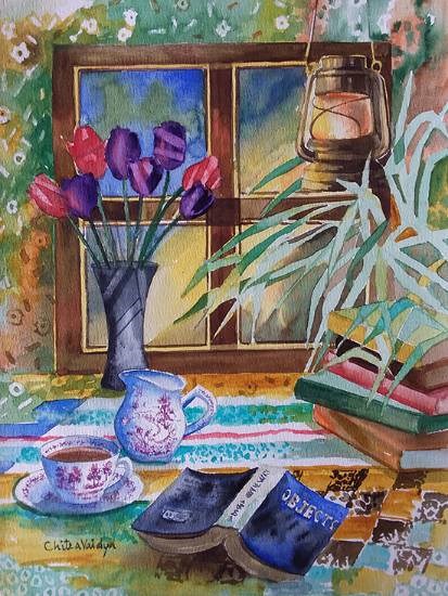 Study table and a flower vase, painting by Chitra Vaidya