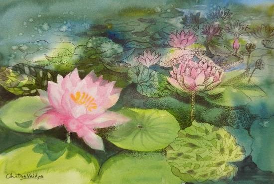 Pink Lotus Flowers, painting by Chitra Vaidya