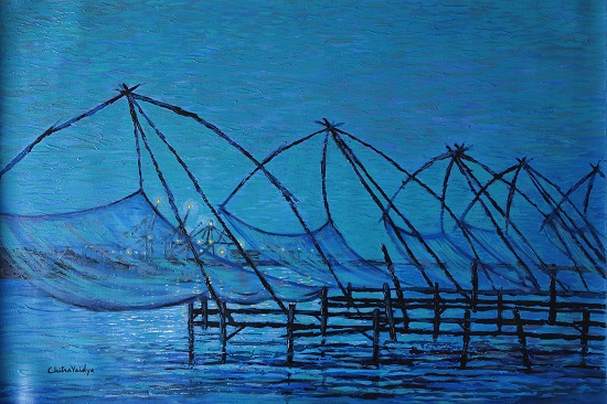 painting by Chitra Vaidya - Chinese Fishing nets