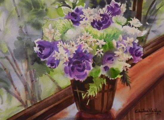 Flowers in a Pot - 1, painting by Chitra Vaidya