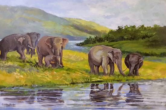 Tuskers at Periyar, painting by Chitra Vaidya