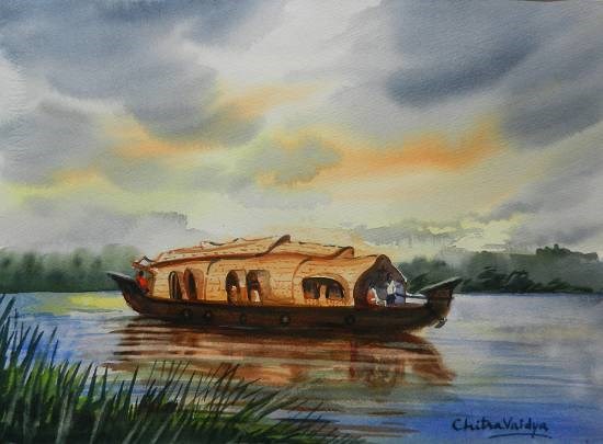 Houseboat, painting by Chitra Vaidya