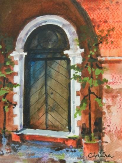 Church Door at Panchgani, painting by Chitra Vaidya