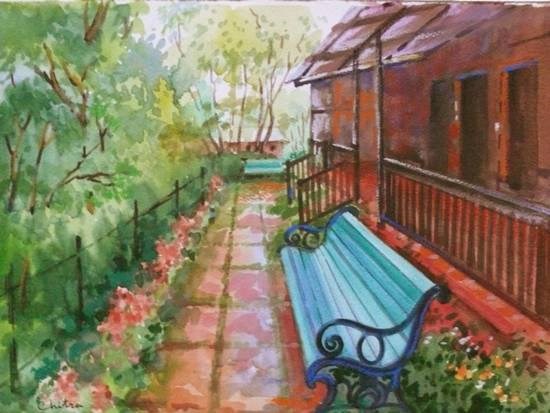 Bench at The Club, Mahabaleshwar, painting by Chitra Vaidya