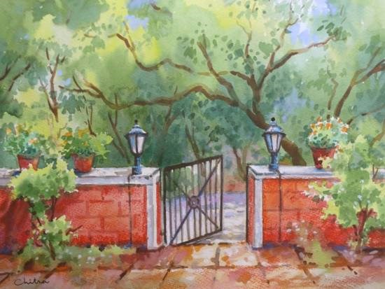 Mahabaleshwar Club Gate, painting by Chitra Vaidya