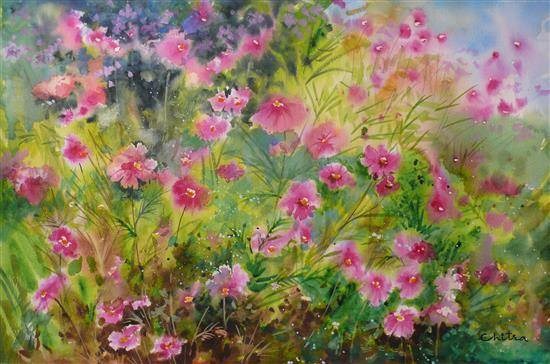 Pink Cosmos Flowers, painting by Chitra Vaidya