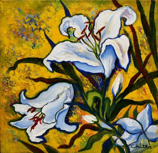 White lilies, painting by Chitra Vaidya