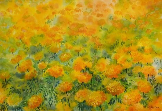 Marigold Fields, painting by Chitra Vaidya