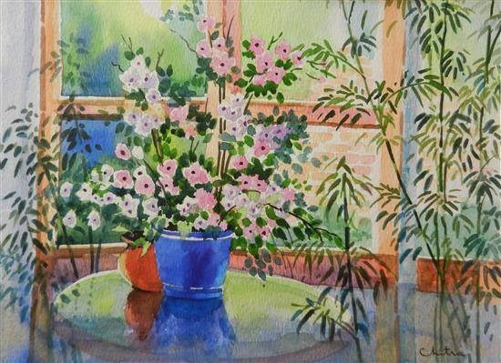 Flowers in a blue pot, painting by Chitra Vaidya