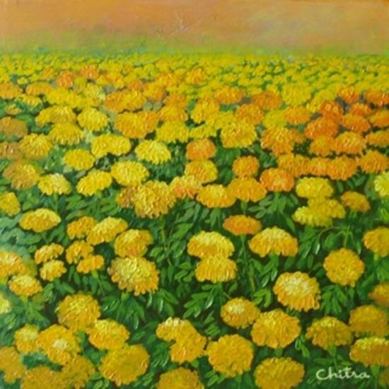Marigold Fields - 6, painting by Chitra Vaidya