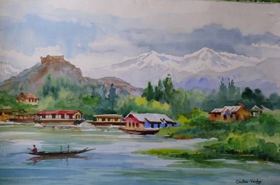 Kashmir Dal Lake from Houseboat, painting by Chitra Vaidya