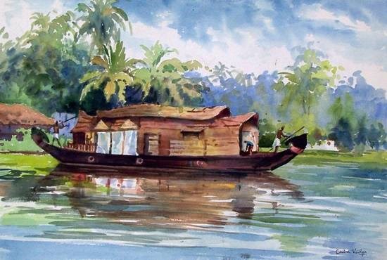 Houseboat, painting by Chitra Vaidya