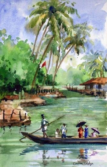 Life at Backwaters, painting by Chitra Vaidya