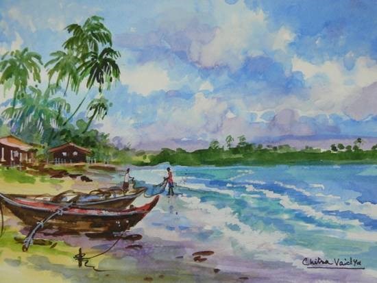 Life at Seashore, painting by Chitra Vaidya