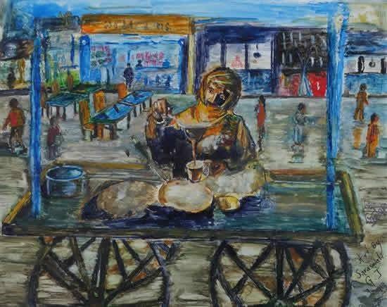 Chaiwala in street road, painting by Saraswati Jalapur