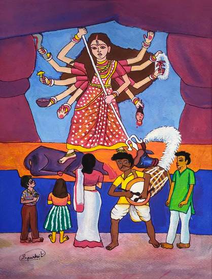 Painting  by Sattwiki Purkait - Durga the pride of women