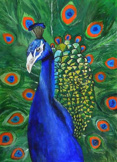 Painting  by Archana Kumari - Peacock in Hinduism shows Supportiveness
