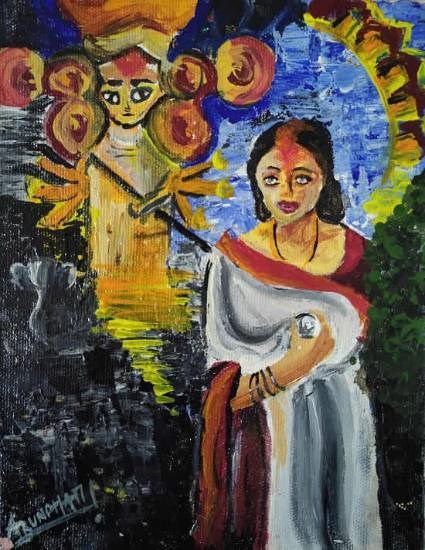 Bengali woman during durga pooja, painting by Arundhati Mhaskar