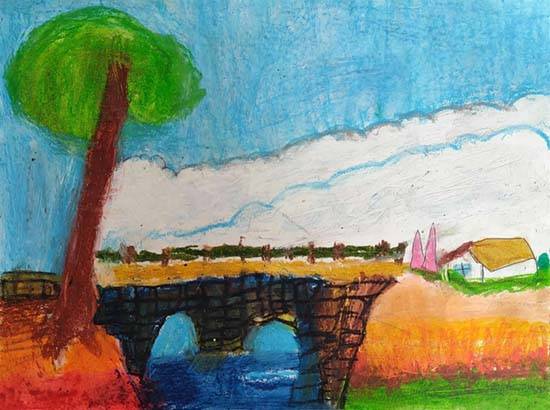 Painting  by Prisha Das - Scenery of House near the bridge
