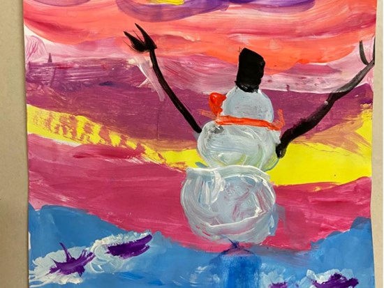 Snowman at Dawn, painting by Sahana Subramanyam