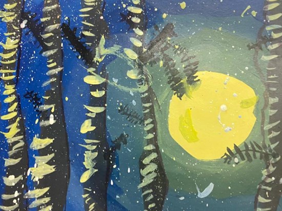 Snowy afternoon in Birch forest, painting by Sahana Subramanyam