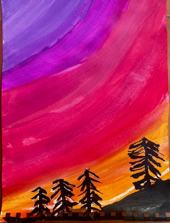 Sunset and trees on a hill, painting by Sahana Subramanyam