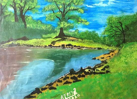 Painting  by Atreya Shukla - Riverside walk