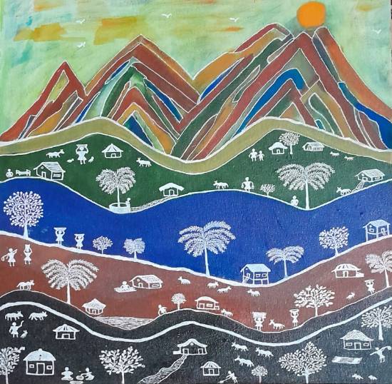 painting by Jayant Kher - Riverside Warli