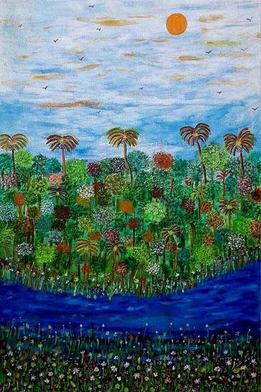 Greens and River, painting by Jayant Kher