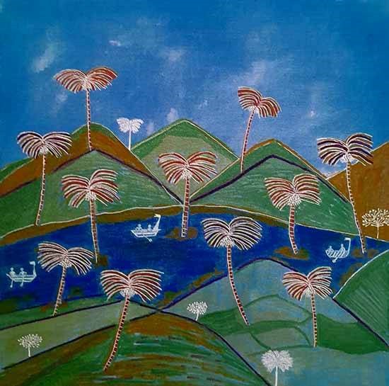 Sea and Boats, painting by Jayant Kher
